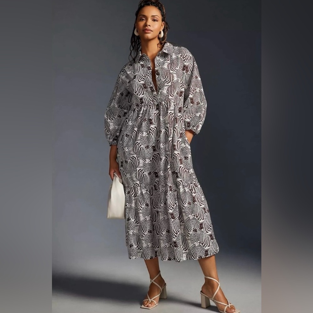 Maeve Brown and White Midi Dress